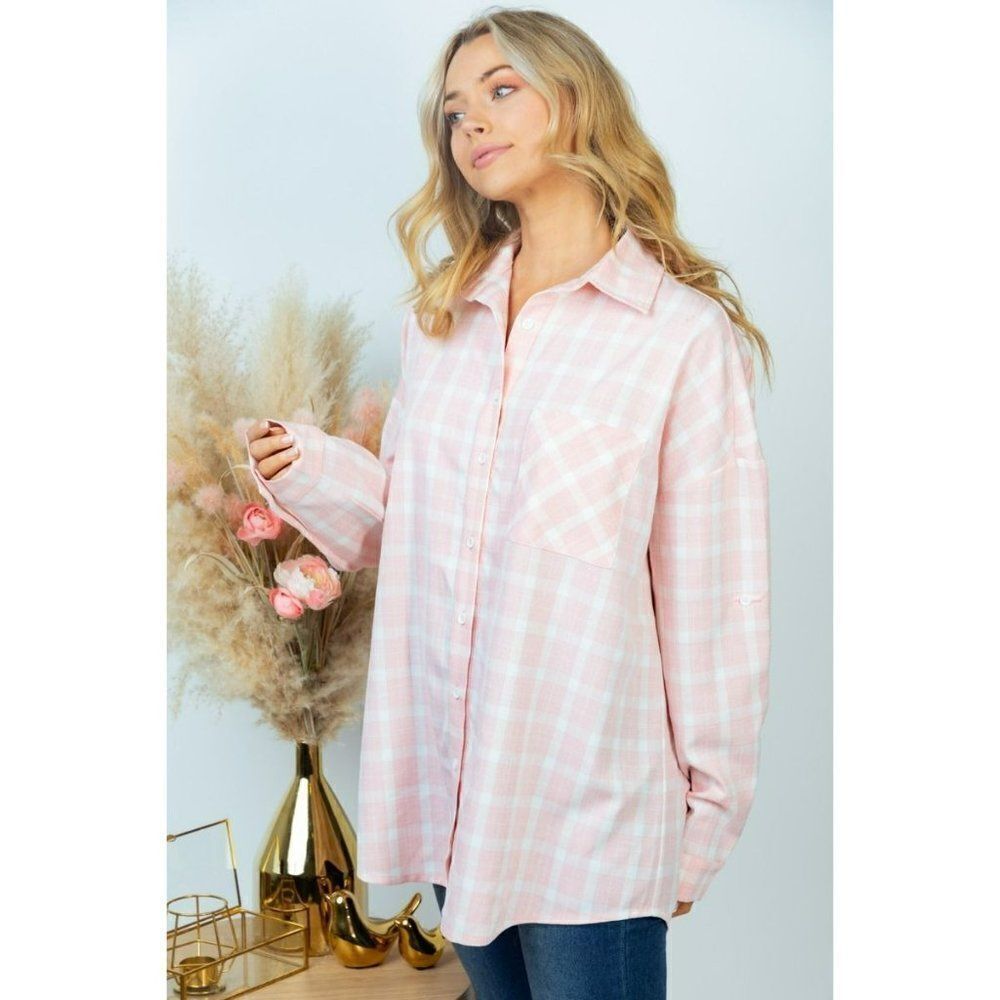 SALE! WHITE BIRCH Clothing Pink and White Plaid Shacket Button up Shirt T23663X - Picture 5 of 5